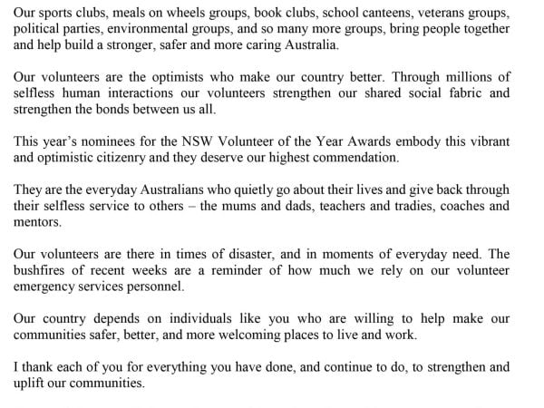 A message from the Prime Minister to all NSW Volunteer of the Year Awards’ nominees.