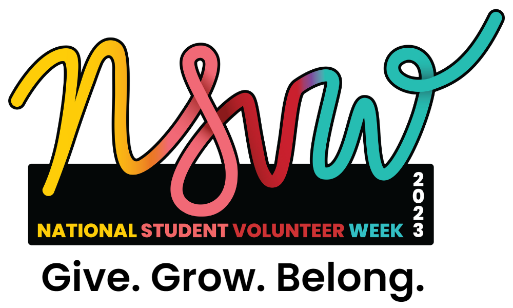 National Student Volunteer Week 2023 logo, featuring this year's theme: Give. Grow. Belong. 