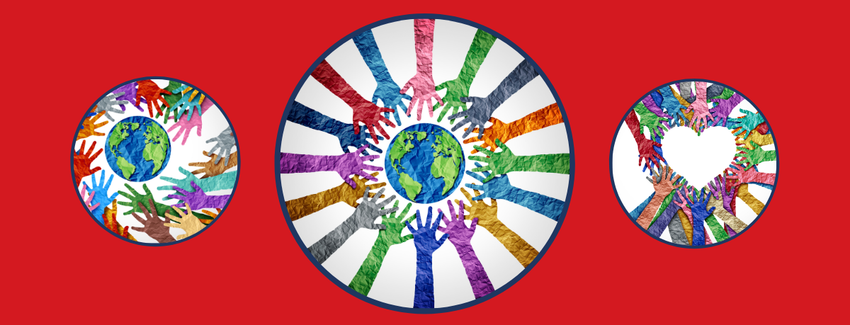 Colourful paper hands create reach for planet Earth, circle planet Earth, and form a heart in a representation of diversity, equity and inclusivity.